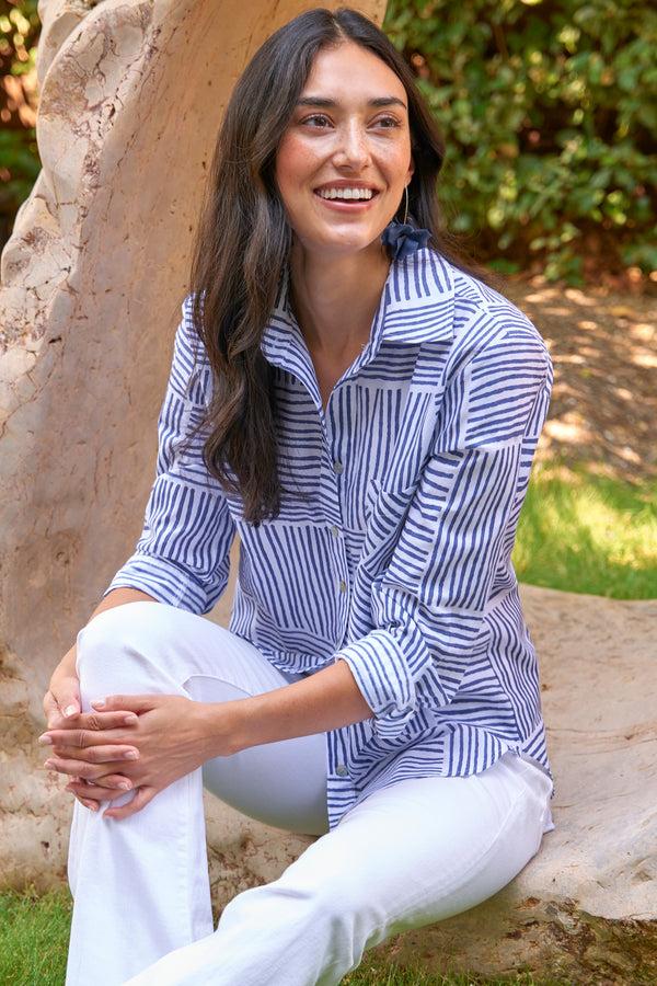 finley MENDED Andie Hand block-printed blue block stripe print shirt with chest pocket and a shirttail hem finley MENDED Andie Hand block-printed blue block stripe print shirt with chest pocket and a shirttail hem