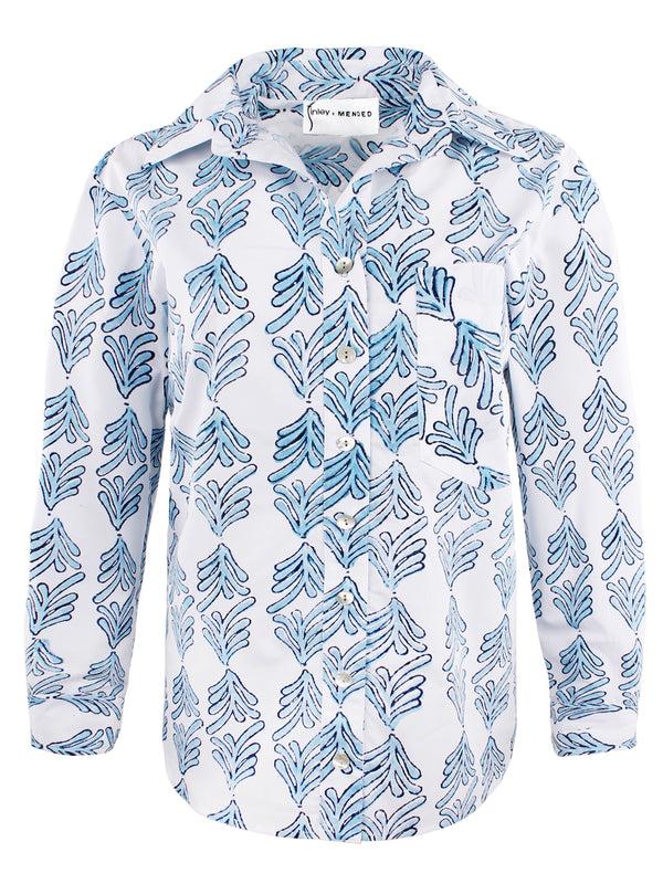 Finley MENDED Andie Hand Block-printed Blue Floral Print Shirt With Chest Pocket And A Shirttail Hem