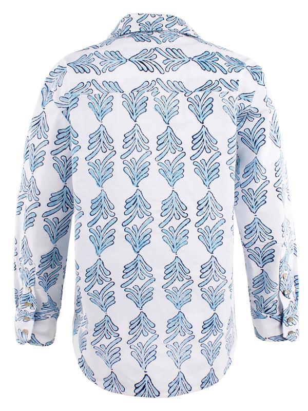 Finley MENDED Andie Hand Block-printed Blue Floral Print Shirt With Chest Pocket And A Shirttail Hem