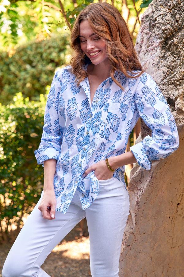 finley MENDED Andie Hand block-printed blue floral print shirt with chest pocket and a shirttail hem finley MENDED Andie Hand block-printed blue floral print shirt with chest pocket and a shirttail hem