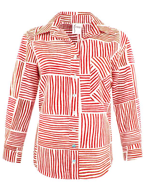 finley MENDED Andie Hand block-printed burnt orange block stripe print shirt with chest pocket and a shirttail hem