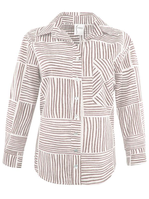 finley MENDED Andie Hand block-printed gold block stripe print shirt with chest pocket and a shirttail hem finley MENDED Andie Hand block-printed gold block stripe print shirt with chest pocket and a shirttail hem