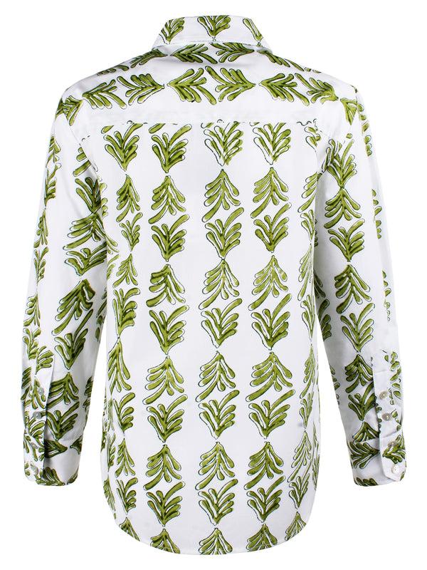 Finley MENDED Andie Hand Block-printed Green Floral Shirt With Chest Pocket And Shirttail Hem