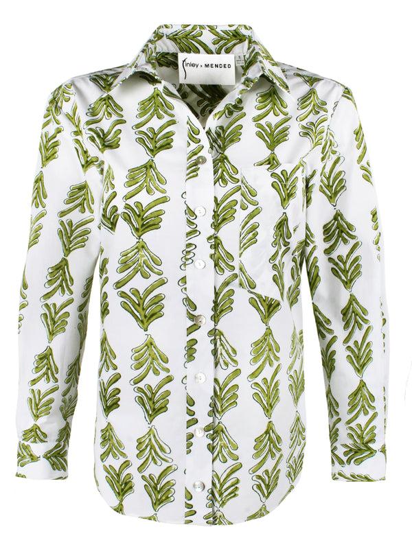finley MENDED Andie Hand block-printed green floral shirt with chest pocket and shirttail hem