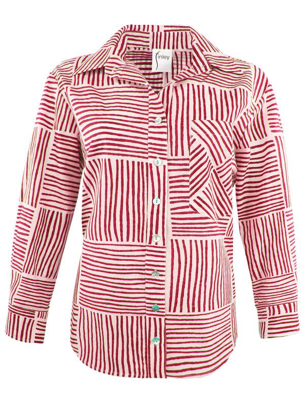 Finley MENDED Andie Hand Block-printed Red Block Stripe Print Shirt With Chest Pocket And A Shirttail Hem