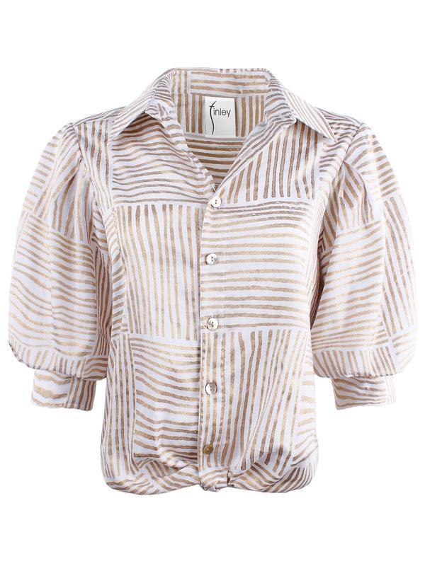 Finley MENDED Bomba Gold Block Stripe Print Blouse With A Front-twist Hem And Short Blouson Sleeves