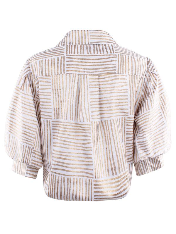 Finley MENDED Bomba Gold Block Stripe Print Blouse With A Front-twist Hem And Short Blouson Sleeves