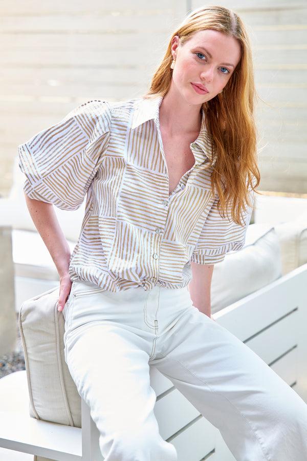 finley MENDED Bomba Gold block stripe print blouse with a front-twist hem and short blouson sleeves finley MENDED Bomba Gold block stripe print blouse with a front-twist hem and short blouson sleeves