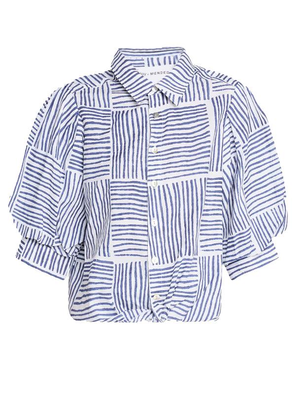 Finley MENDED Bomba Navy Block Stripe Print Blouse With A Front-twist Hem And Short Blouson Sleeves
