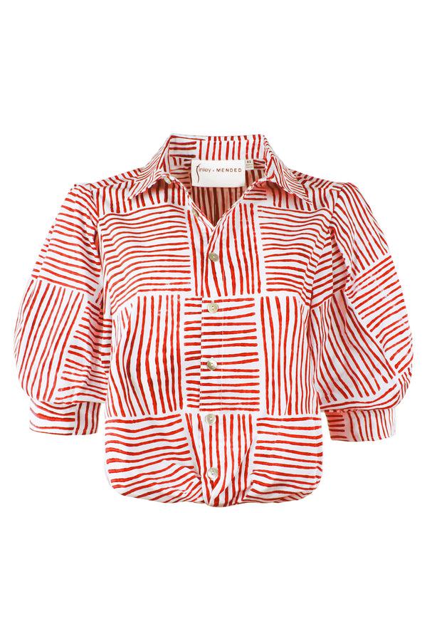 Finley MENDED Bomba Orange Block Stripe Print Blouse With A Front-twist Hem And Short Blouson Sleeves