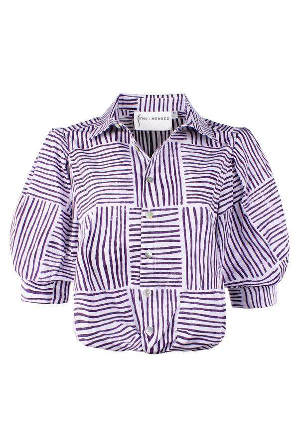 Finley MENDED Bomba Purple Block Stripe Print Blouse With A Front-twist Hem And Short Blouson Sleeves