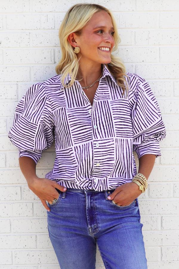 finley MENDED Bomba Purple block stripe print blouse with a front-twist hem and short blouson sleeves