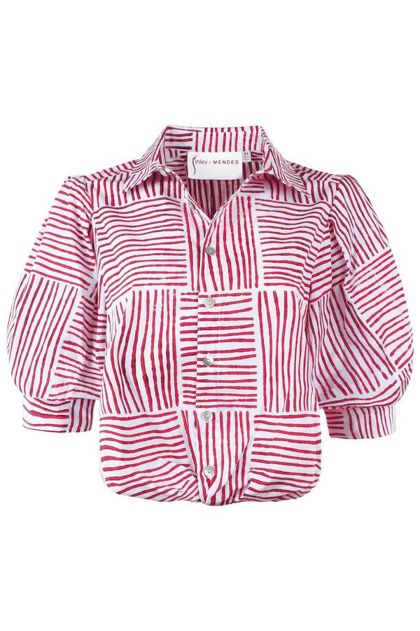 Finley MENDED Bomba Red Block Stripe Print Blouse With A Front-twist Hem And Short Blouson Sleeves