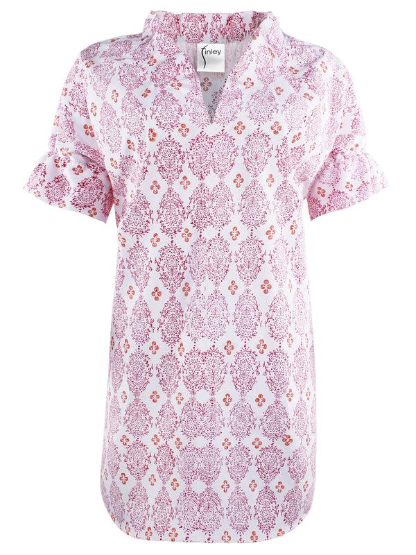 Finley MENDED Crosby Dress Blue And Green Hand Block Printed Cotton Pullover Dress With Ruffle Collar & Sleeve Detail