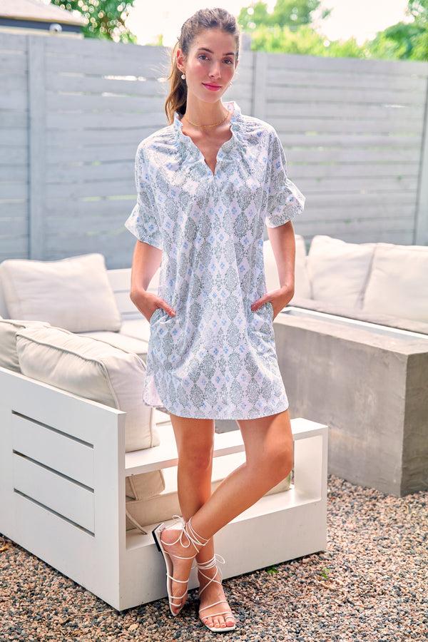 finley MENDED Crosby Dress Blue and green hand block printed cotton pullover dress with ruffle collar & sleeve detail finley MENDED Crosby Dress Blue and green hand block printed cotton pullover dress with ruffle collar & sleeve detail