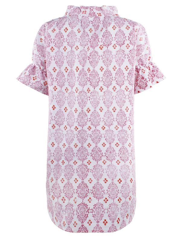 Finley MENDED Crosby Dress Pink And Orange Hand Block Printed Cotton Pullover Dress With Ruffle Collar & Sleeve Detail