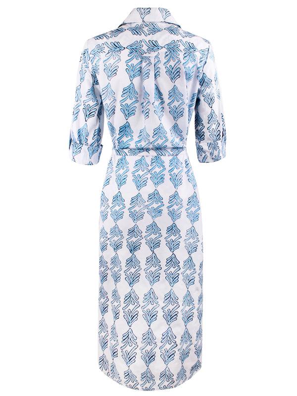 Finley MENDED Long Alex Long Tie Front Dress With Self Belt And Blue & White Print