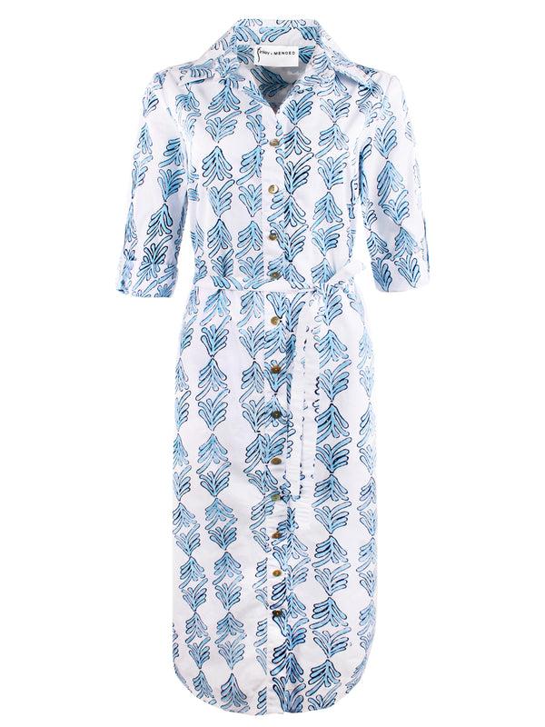finley MENDED Long Alex Long tie front dress with self belt and blue & white print