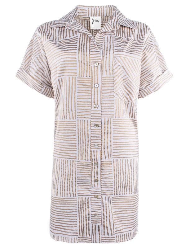 Finley MENDED Reese Gold Hand Block Printed Shirtdress With Point Collar & Short Sleeves
