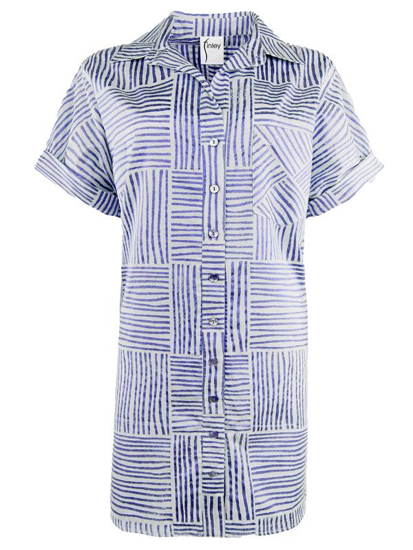 finley MENDED Reese Navy hand block printed shirtdress with point collar & short sleeves