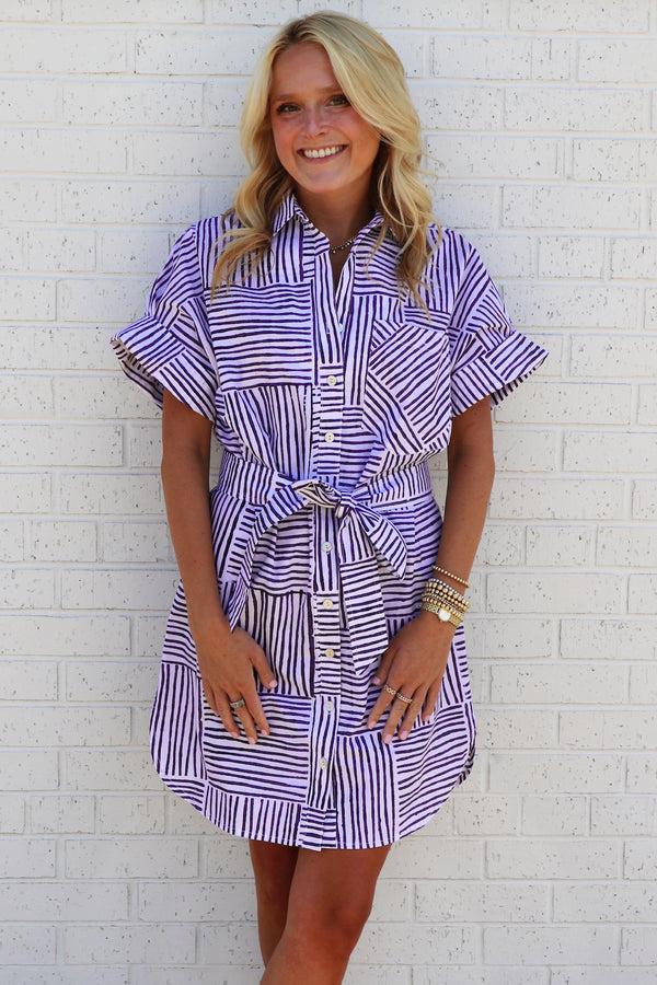 finley MENDED Reese Purple hand block printed shirtdress with point collar & short sleeves