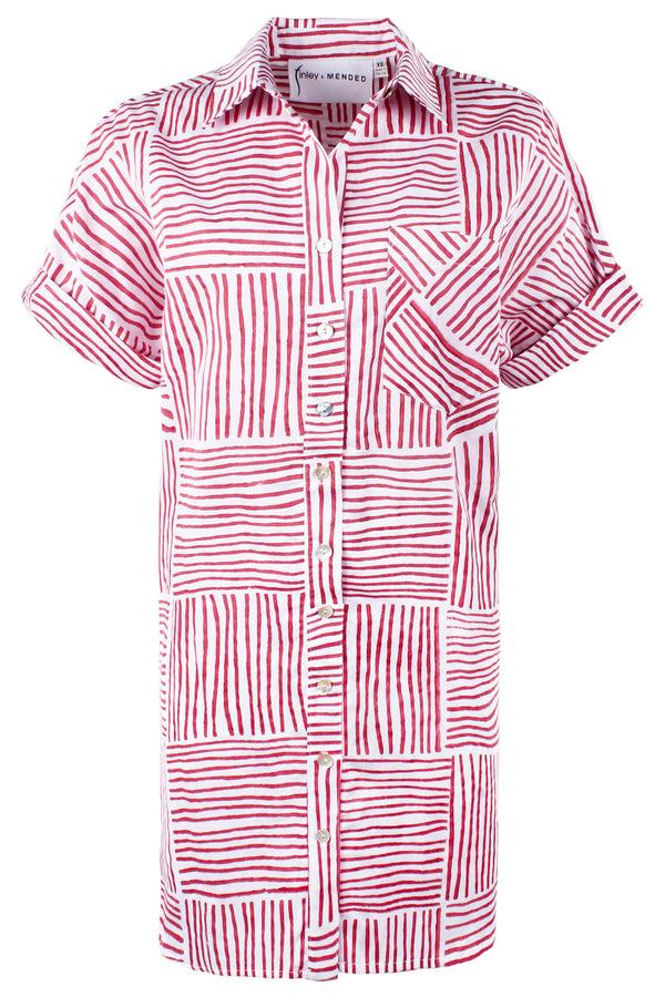 Finley MENDED Reese Red Hand Block Printed Shirtdress With Point Collar & Short Sleeves