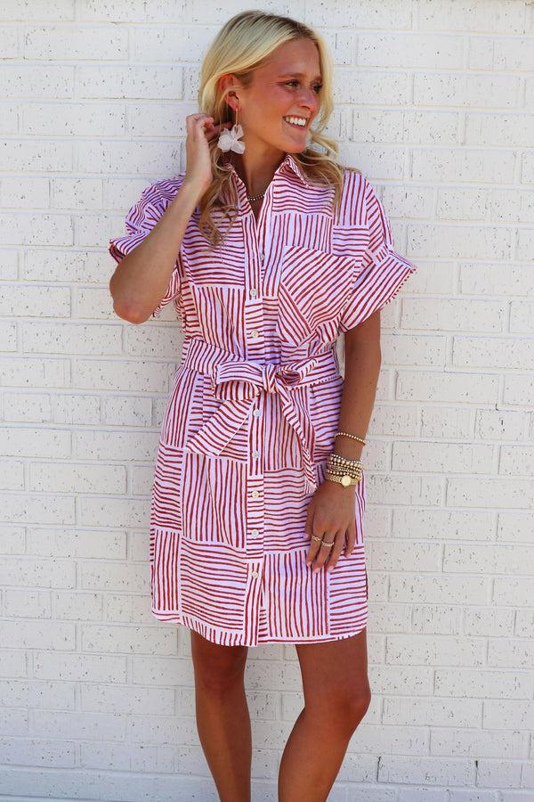 finley MENDED Reese Red hand block printed shirtdress with point collar & short sleeves