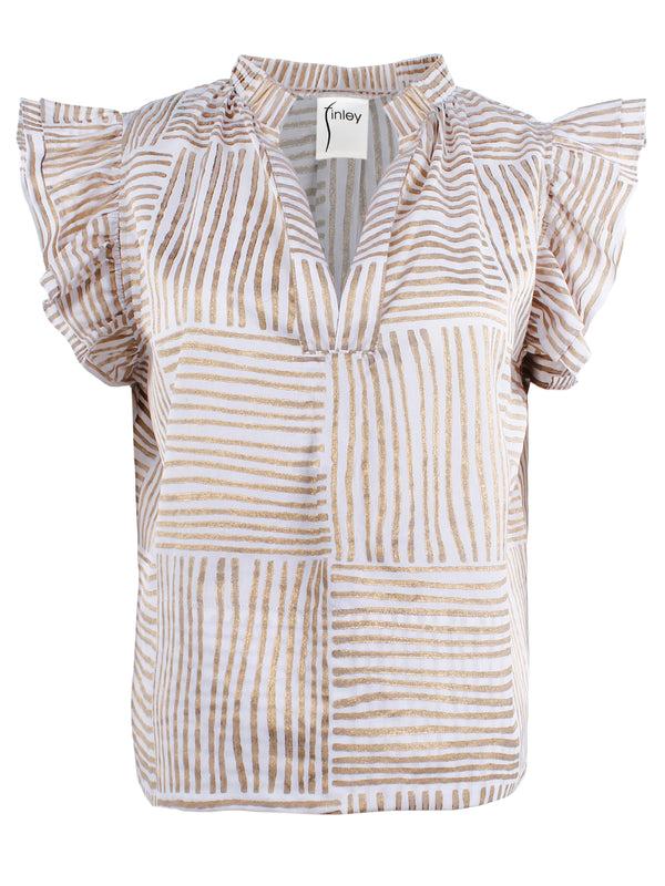 Finley MENDED Remy Gold Block Stripe Print Blouse With Ruffle Sleeves