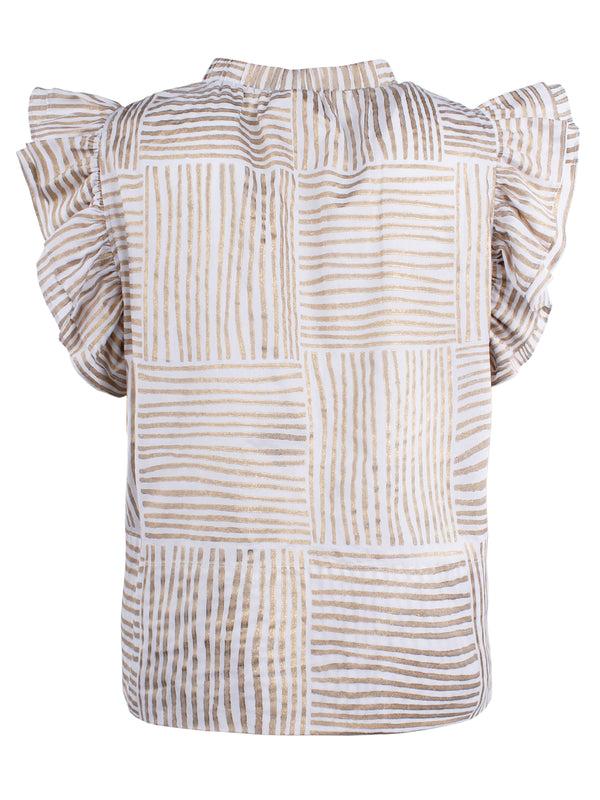 Finley MENDED Remy Gold Block Stripe Print Blouse With Ruffle Sleeves
