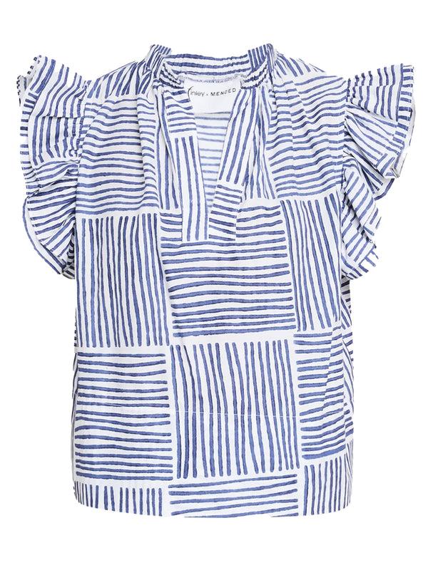 Finley MENDED Remy Navy Block Stripe Print Blouse With Ruffle Sleeves