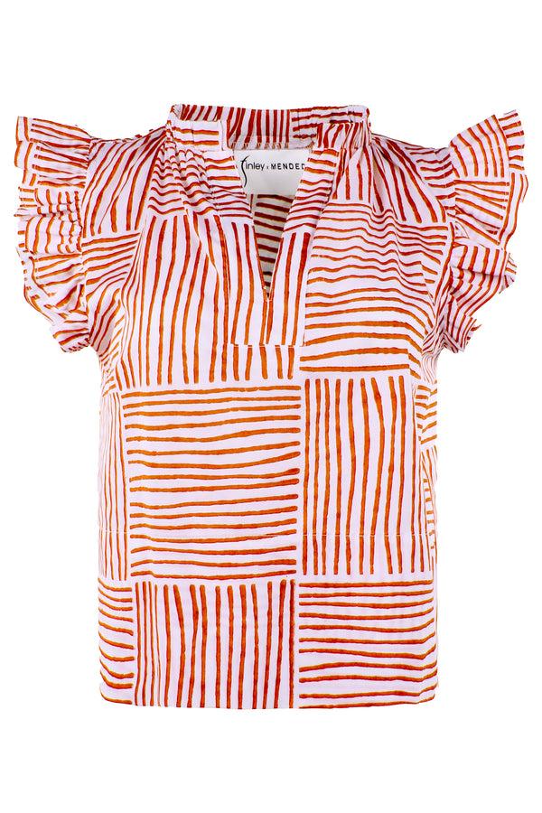 Finley MENDED Remy Orange Block Stripe Print Blouse With Ruffle Sleeves