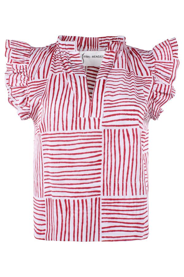 Finley MENDED Remy Red Block Stripe Print Blouse With Ruffle Sleeves