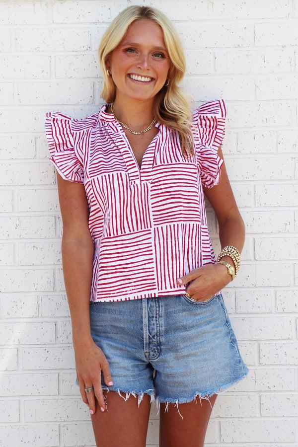 finley MENDED Remy Red block stripe print blouse with ruffle sleeves