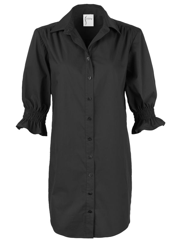 Finley Miller Black Puff Sleeve Shirt Dress In Weathercloth With A Relaxed Contour