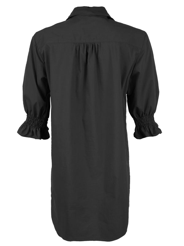 Finley Miller Black Shirt Dress In Stretch Viscose With Short Puff Sleeves And A Relaxed Contour