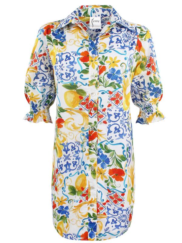 Finley Miller Blue Yellow And Red Print Shirt Dress With Short Puff Sleeves And A Relaxed Contour