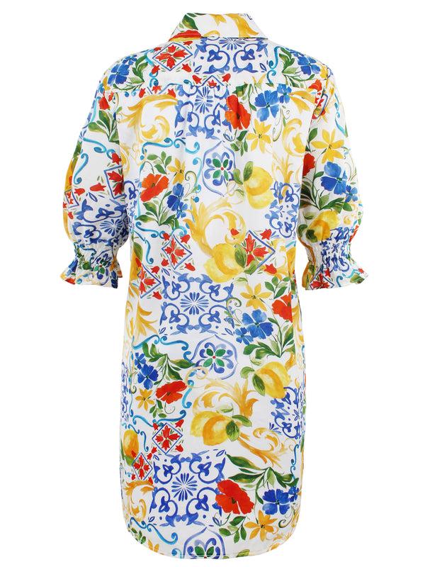 Finley Miller Blue Yellow And Red Print Shirt Dress With Short Puff Sleeves And A Relaxed Contour