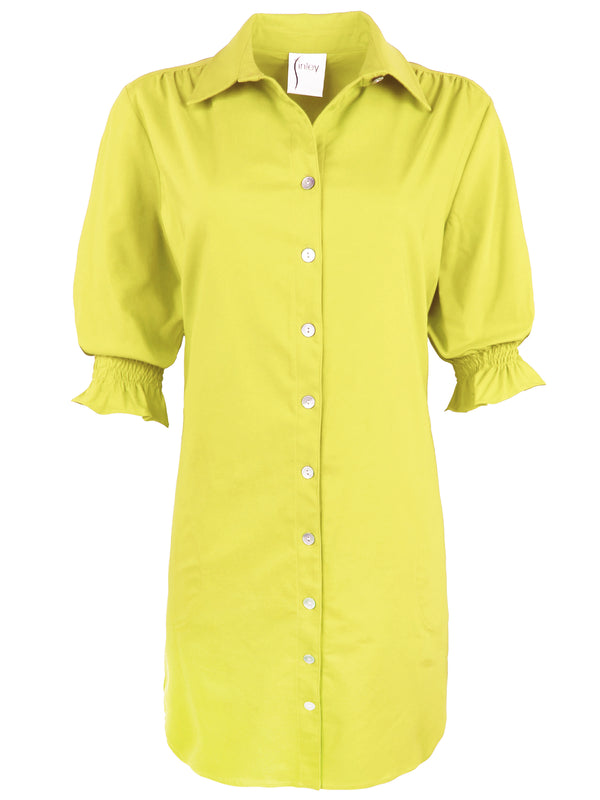 finley Miller Citron yellow shirt dress in stretch viscose with short puff sleeves and a relaxed contour finley Miller Citron yellow shirt dress in stretch viscose with short puff sleeves and a relaxed contour