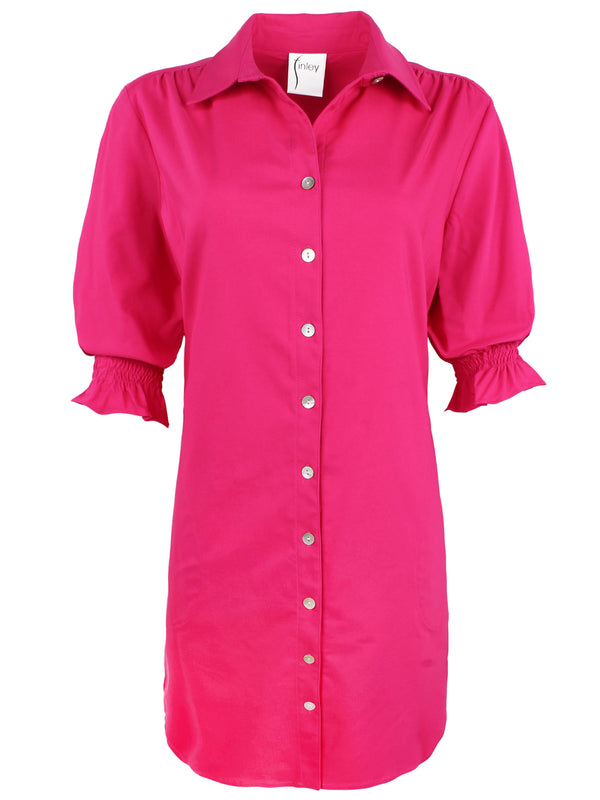 Finley Miller Fuchsia Pink Shirt Dress In Stretch Viscose With Short Puff Sleeves And A Relaxed Contour