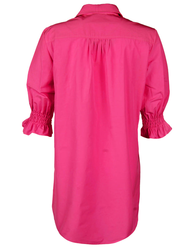 Finley Miller Fuchsia Pink Shirt Dress In Stretch Viscose With Short Puff Sleeves And A Relaxed Contour
