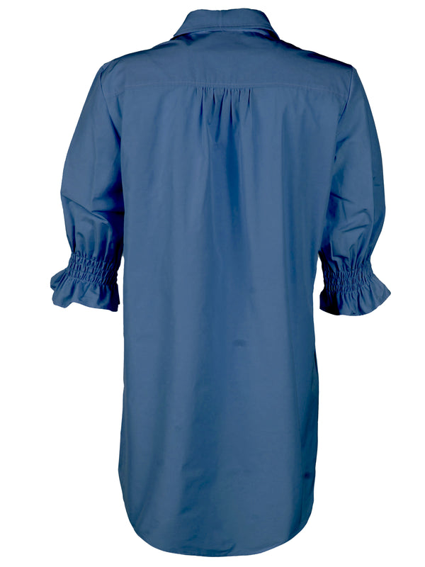 Finley Miller Indigo Blue Shirt Dress In Stretch Viscose With Short Puff Sleeves And A Relaxed Contour