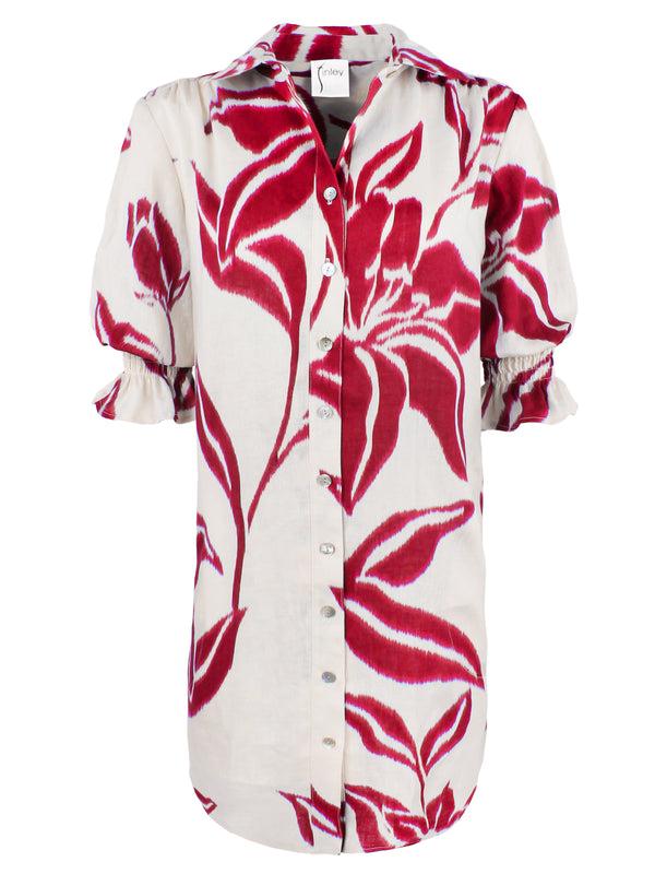 Finley Miller Natural And Pink Print Linen Shirt Dress With Short Puff Sleeves And A Relaxed Contour