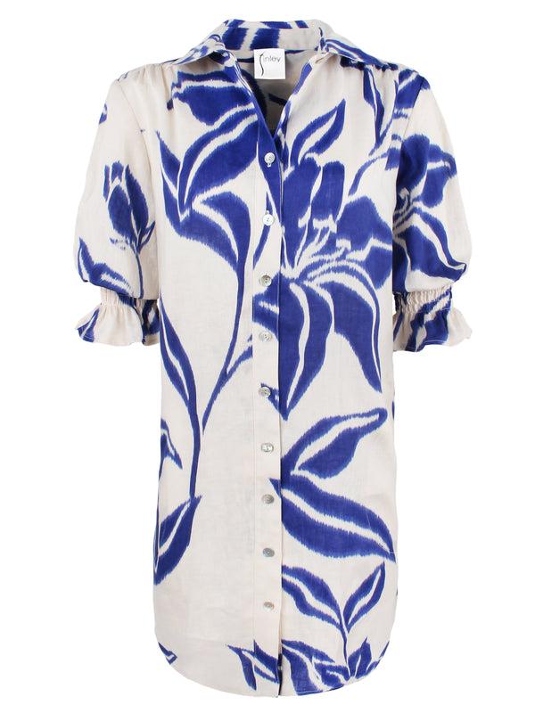 Finley Miller Natural And Royal Blue Print Linen Shirt Dress With Short Puff Sleeves And A Relaxed Contour