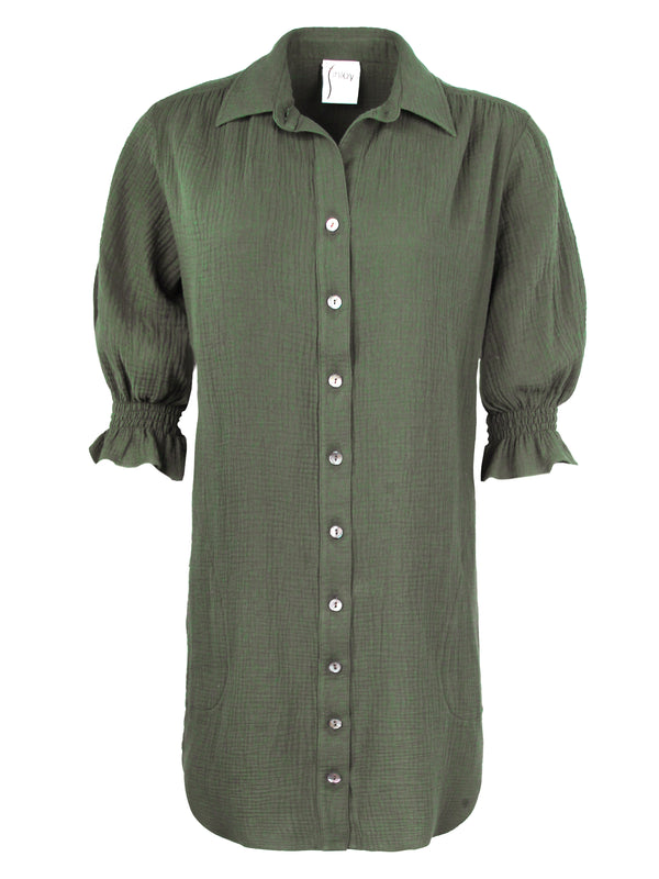 Finley Miller Olive Green Cotton Gauze Shirt Dress With Short Puff Sleeves And A Relaxed Contour