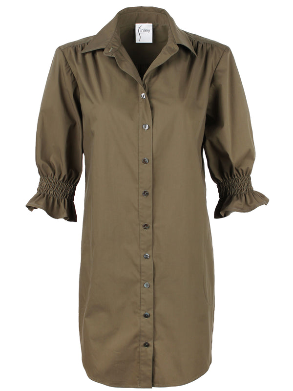 Finley Miller Olive Green Puff Sleeve Shirt Dress In Weathercloth With A Relaxed Contour