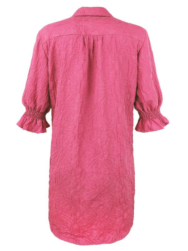Finley Miller Pink Textured Jacquard Shirt Dress In Polyester With Short Puff Sleeves And A Relaxed Contour