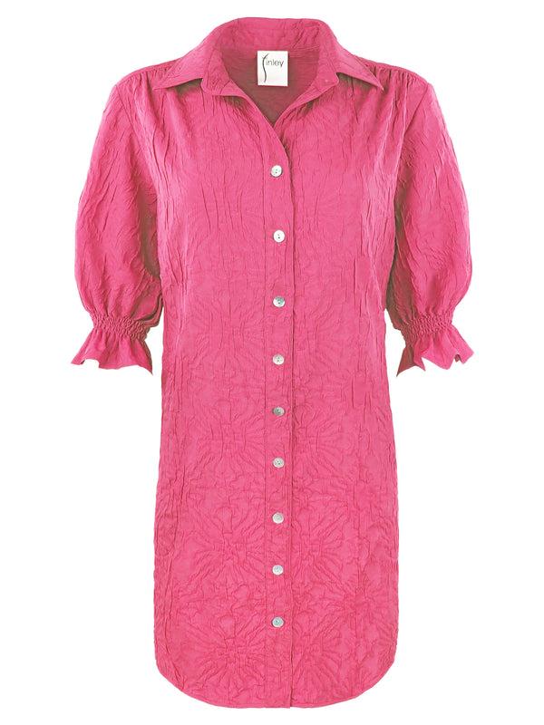 finley Miller Pink textured jacquard shirt dress in polyester with short puff sleeves and a relaxed contour
