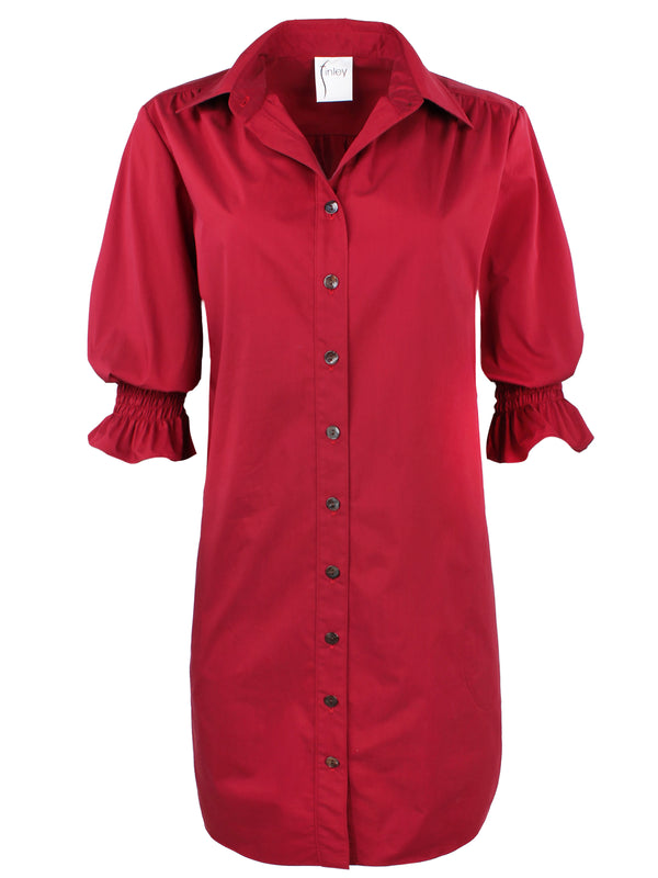 Finley Miller Red Puff Sleeve Shirt Dress In Weathercloth With A Relaxed Contour