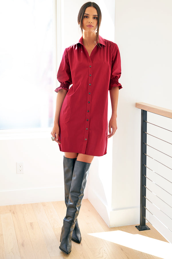 Finley Miller Red Puff Sleeve Shirt Dress In Weathercloth With A Relaxed Contour