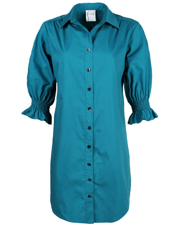 Finley Miller Teal Shirt Dress In Weathercloth With Short Puff Sleeves And A Relaxed Contour